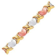 14k Tri-Color Gold Fancy Satin Heart Line Bracelet, size 7.25''