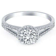14k White Gold Diamond Halo Split Shank Engagement Ring, size 4