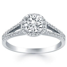 14k White Gold Diamond Halo Split Shank Engagement Ring, size 5
